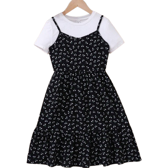 SHEIN Tween Girl Casual Knit Short Sleeve Top And Floral Cami Dress Set For Outings, Spring And Summer