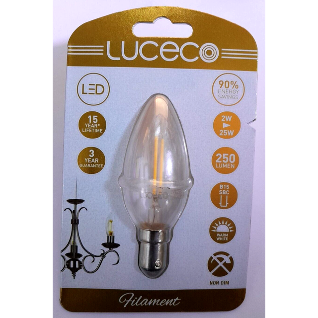 1x 2w (=25w) luceco clear led filament candle sbc b15 2700k light bulb lamp