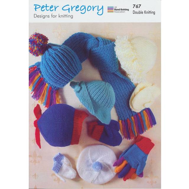 Peter Gregory DK Knitting Pattern 767 Baby Hats Scarf Mittens Gloves