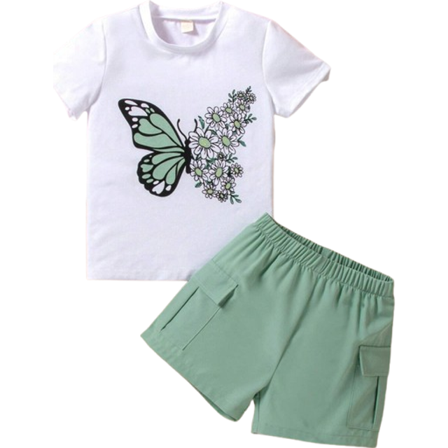 SHEIN Young Girls&#39; Beach Play Butterfly Printed Short Sleeve T-Shirt & Shorts 2pcs Set, Suitable For Parties And Beach Vacation, Summer Green Young Girls Se