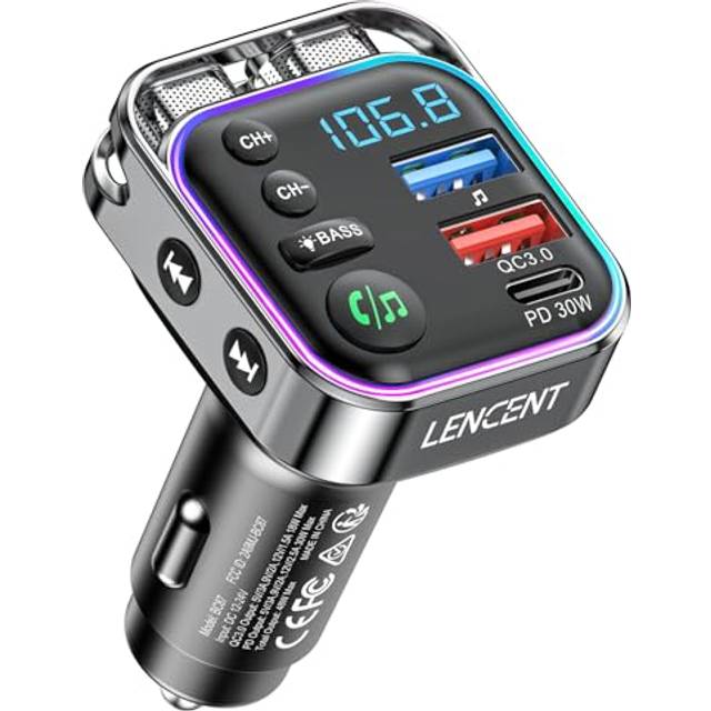 LENCENT Bluetooth V5.3 FM-sändare, 30W PD & QC3.0 Snabbladdare Bluetooth Biladapter, Stabil Anslutning Sändare för Bilradio, Hi-Fi Musik, Tydliga Telefonsamtal, Handsfree-kit