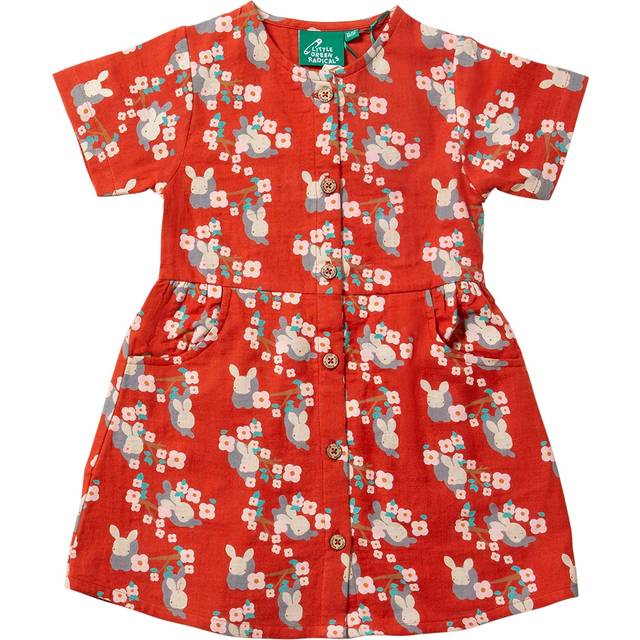 Little Green Radicals Baby Rabbit Button Pure Organic Cotton Dress, Red/Multi