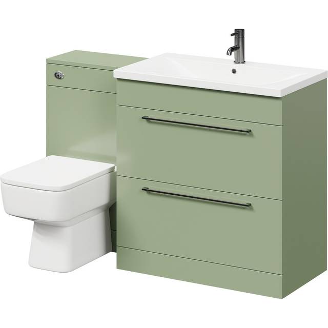 Napoli Vanity Unit Toilet Suite with 1 Tap Hole Basin and 2 Drawers with Gunmetal Grey Handles | Olive Green | ABS Polished Chrome | 1300mm