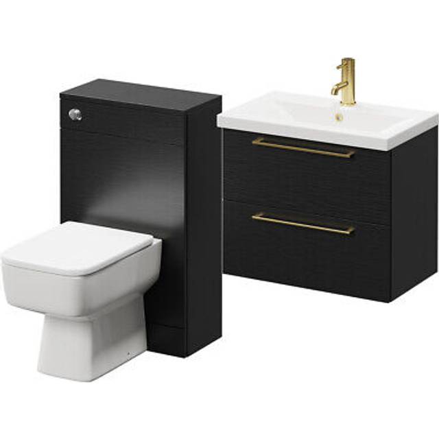 Napoli 390 Wall Mounted Vanity Unit Toilet Suite with 1 Tap Hole Basin and 2 Drawers with Matt Black Handles | Nero Oak | ABS Polished Chrome | 1100mm