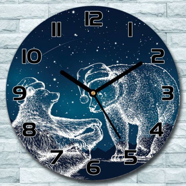 Glass wall clock bears on the background of stars white & blue round home fi 30