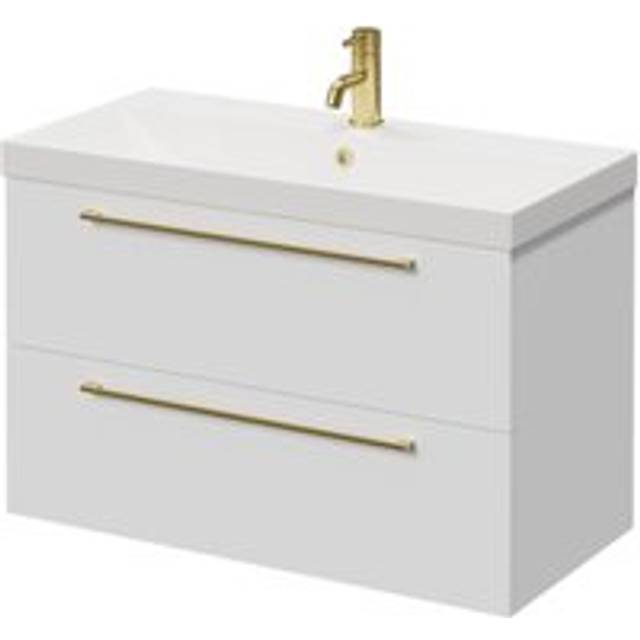 Napoli Wall Mounted Vanity Unit with 1 Tap Hole Slim Edge Basin and 2 Drawers with Brushed Brass Handles | Gloss White | MFC | 800mm