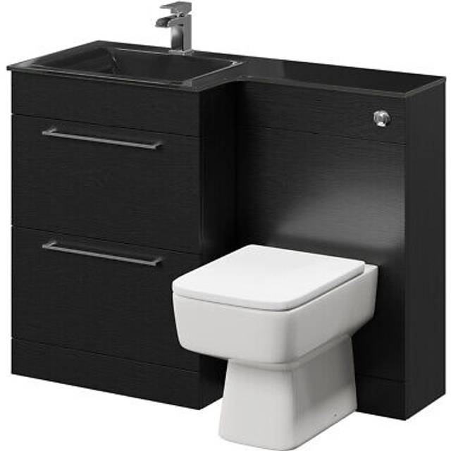 Venice Square Vanity Unit Toilet Suite with Left Hand Anthracite Glass 1 Tap Hole Basin and 2 Drawers with Polished Chrome Handles | Nero Oak | Plastic | 1100mm