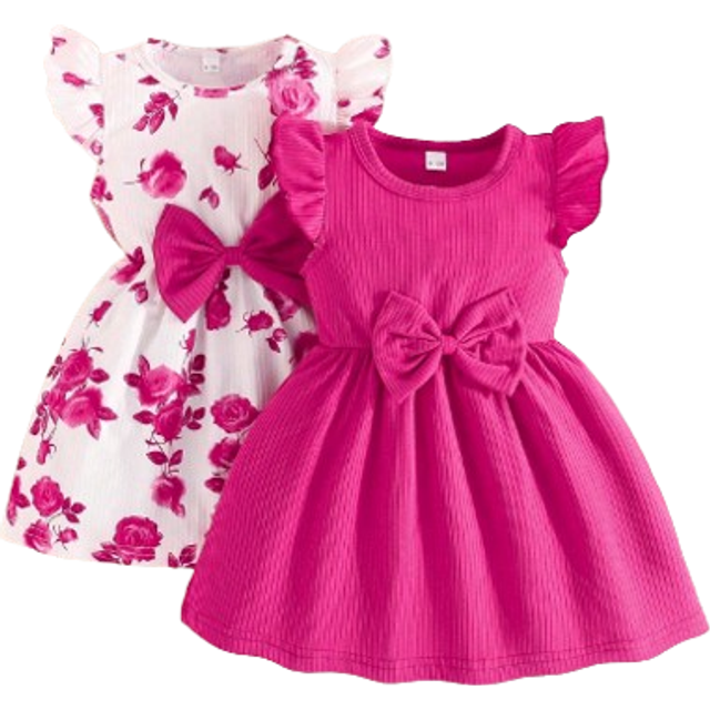 SHEIN 2pcs/Set Baby Girl Cute Ruffled Sleeve Round Neck Butterfly Print Dress, Summer