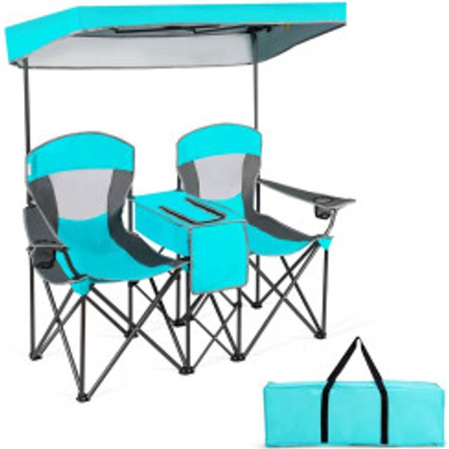 2-sits campingstol med solskydd Minibord hopfällbar fiskestol med väska 166 x 71 x 151 cm Marinblå