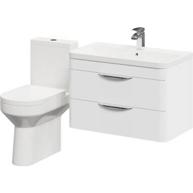 Wholesale Domestic Arendal Gloss White Wall Mounted 2 Drawer Vanity Unit and Comfort Height Toilet Suite | Ceramic/MDF | 600mm