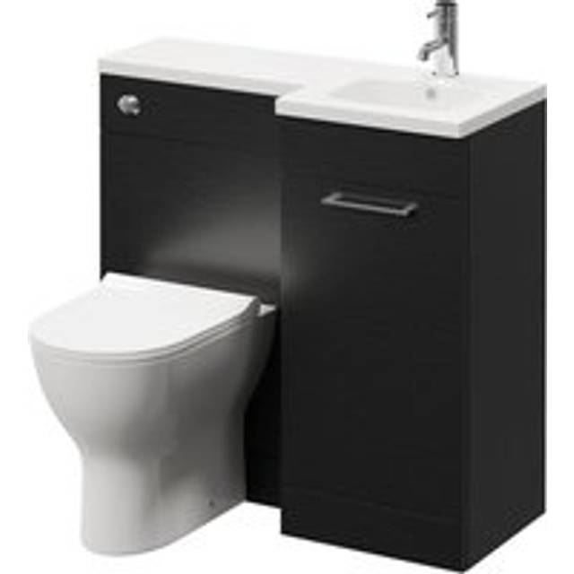 Napoli Combination Vanity Unit Toilet Suite with Right Hand L Shaped 1 Tap Hole Round Basin and Single Door with Polished Chrome Handle | Nero Oak | Plastic | 900mm