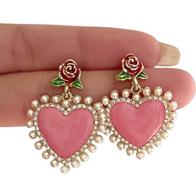 SHEIN 1pair Vintage Romantic Rose Pearl Heart Charm Earrings, Elegant High-End French Style Ear Studs