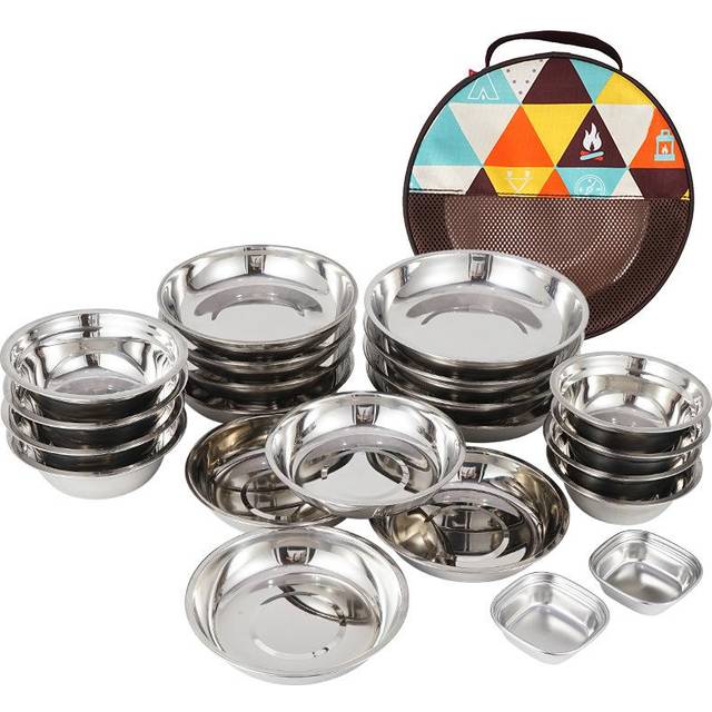 22PCS Service Plate Set Stainless Steel Dinnerware Set for Outdoor Camping Self Driving Tour