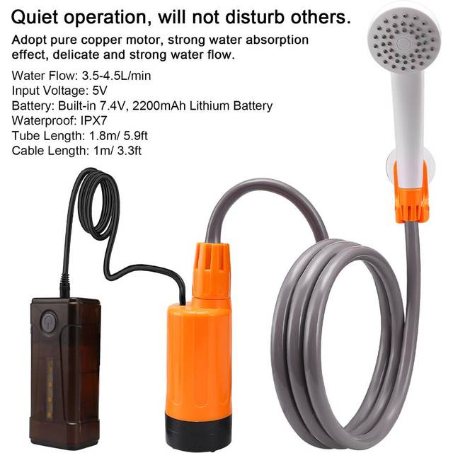 Outdoor Camping Shower Portable Electric Shower Pump IPX7 Waterproof with 2-Level Water Flow LED orange