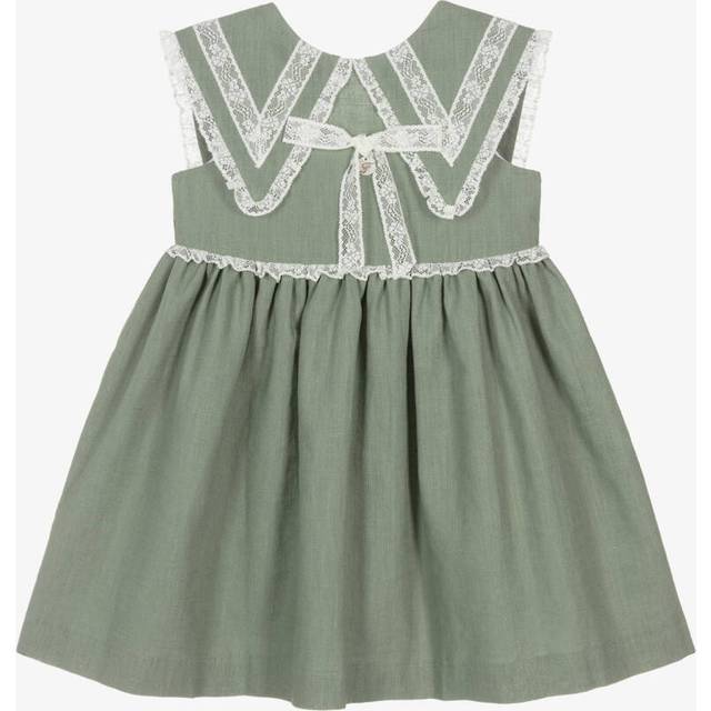 Foque Girls Green Linen & Cotton Dress With Lace Trims - 7 year