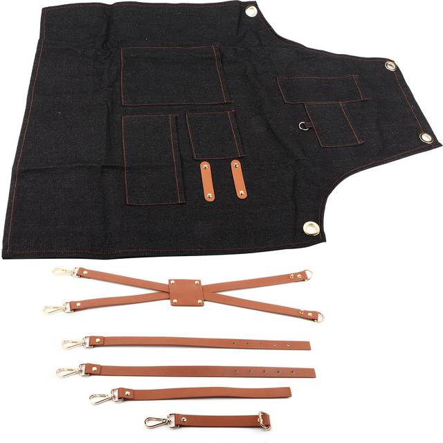Denim Bib Apron Leather Strap Baker Bartender BBQ Chef Work Cook Uniform A