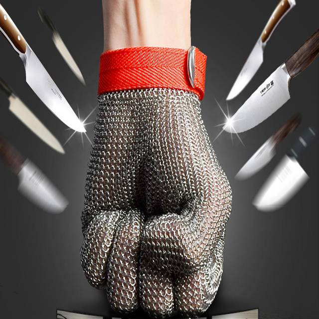 High-quality Stainless Steel Mesh Knife Cut Resistant Chain Mail Protective Glove XL silver/red
