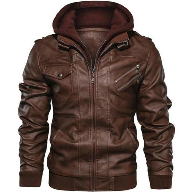 (brown, XXL) Cozy Up Men's Casual Stand Collar Pu Faux Leather Zip-up Motorcycle Bomber Jacket With A Removable Hood