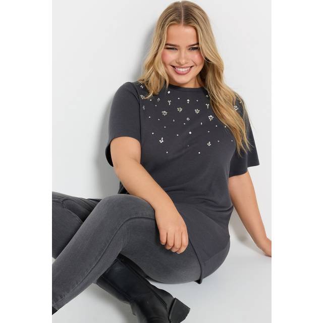 Yours Curve Charcoal Grey Diamante Embellished Short Sleeve Tshirt, Women's Curve & Plus Size, Yours - 14