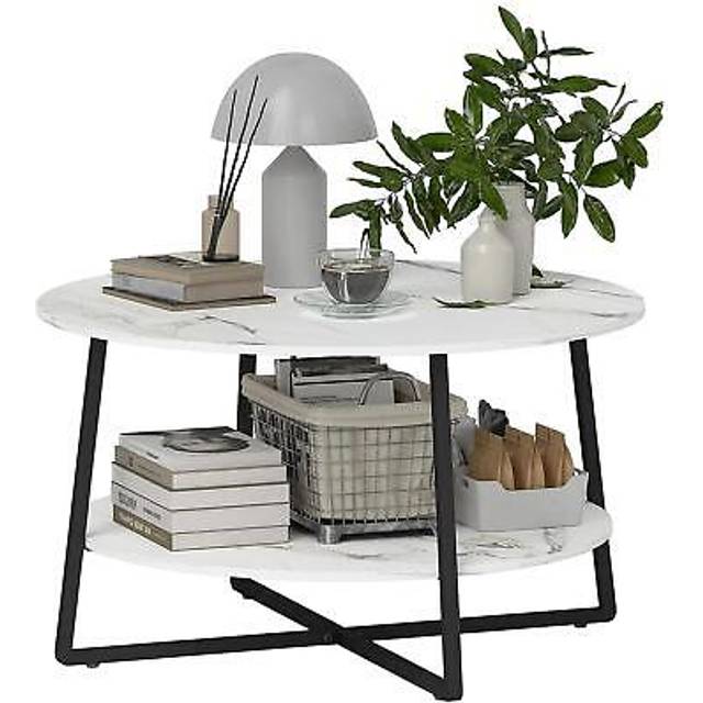 Homcom round coffee table with storage shelf and marble effect top, white
