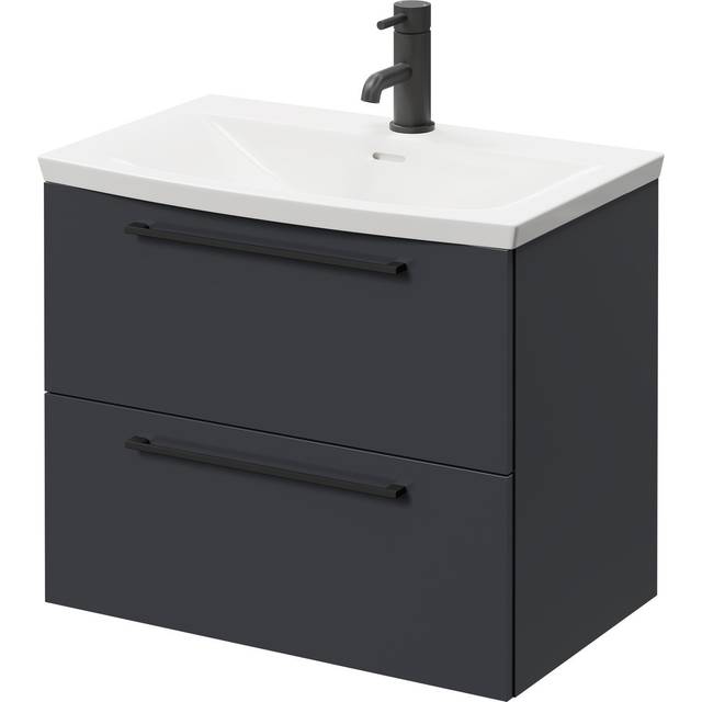 Napoli Wall Mounted Vanity Unit with 1 Tap Hole Curved Basin and 2 Drawers with Matt Black Handles | Gloss Grey | MDF | 600mm
