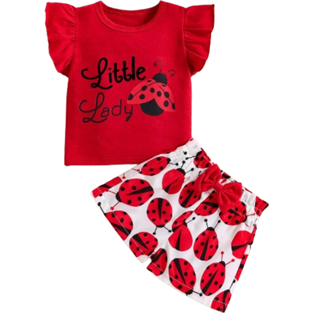SHEIN 2pcs Baby Girls&#39; Daily Cute Comfortable Outfit, Includes Cap Sleeve Ladybug Pattern Top And Elastic Waistband Bloomers With Bowknot Decoration Summer