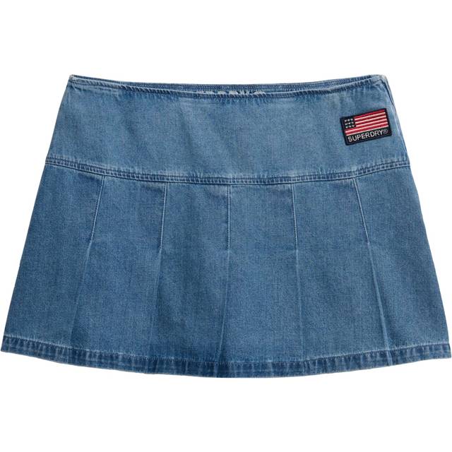 Superdry Pleated Patched Denim Mini Skirt, Vintage Wash