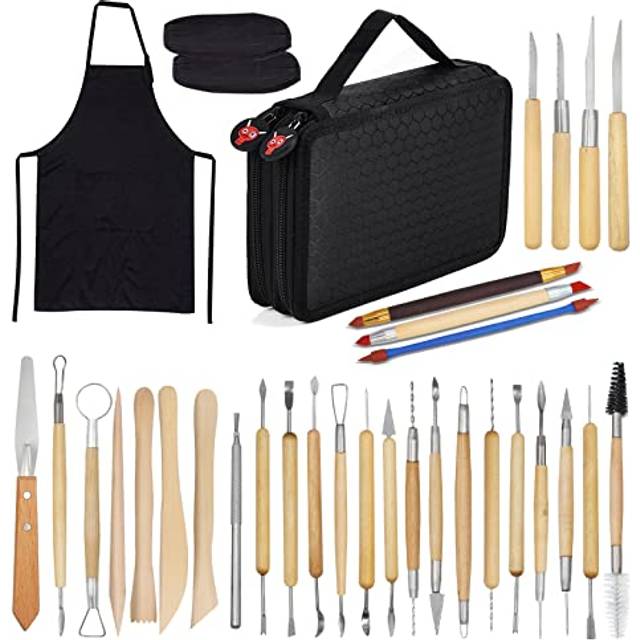 Clay Sculpting Tools,YZNlife Set of 30 Pottery Tools Clay Modelling Tools Kit Wood Clay Carving Tools Set with Storage Bag,Apron and Sleeves