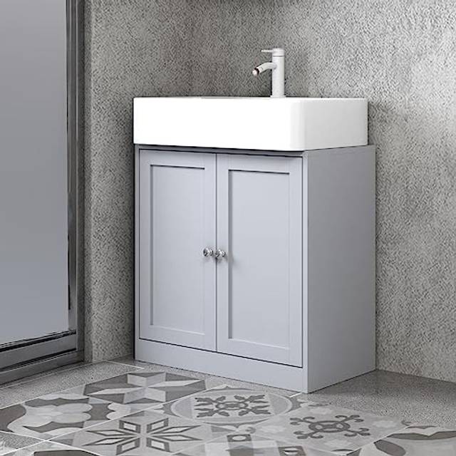 (Under Sink Cabinet - Grey) Under Sink Cupboard Mirror Unit WC Paper Dispenser