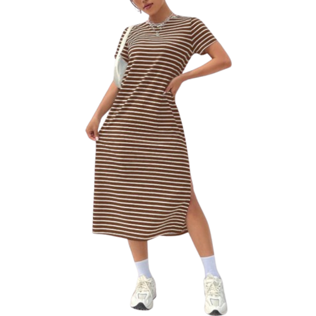 SHEIN Women&#39;s Summer Casual Coffee Brown Knitted Striped Dress With Side Slit Hem
