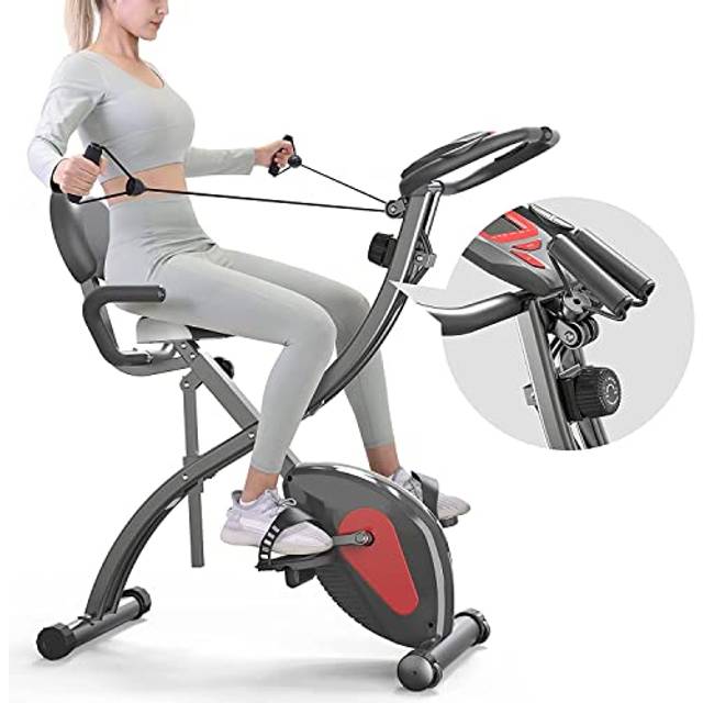 PROIRON Exercise Bike Foldable, 4 in 1 Magnetic Folding Exercise Bike Indoor with Resistance Bands/LCD/Backrest/HR Sensor, Quiet Cycling Upright &
