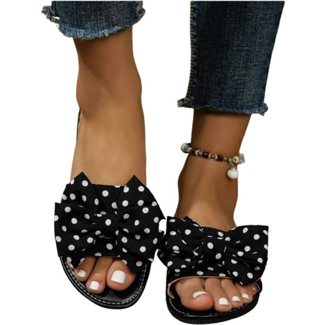 SHEIN Black And White Polka Dot Women Fashionable And Casual Slippers, Flat Beach Slippers, Anti-Slip, Wear-Resistant, Comfortable, With Bow Decoration Vale