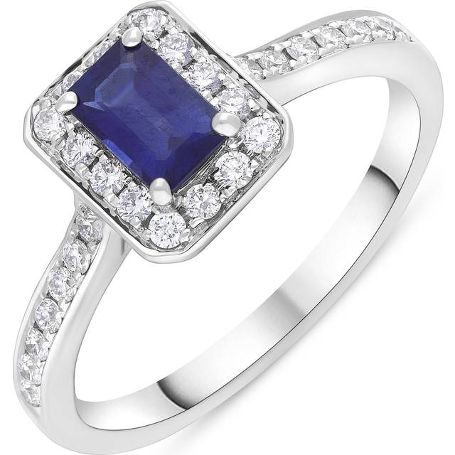 18ct White Gold 0.61ct Sapphire 0.32ct Diamond Emerald Cut Pave Cluster Ring - N
