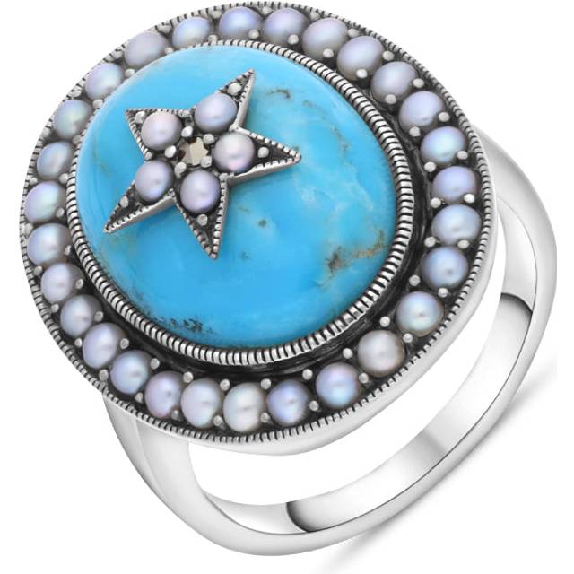 Sterling Silver Turquoise Pearl Framed Large Oval Ring