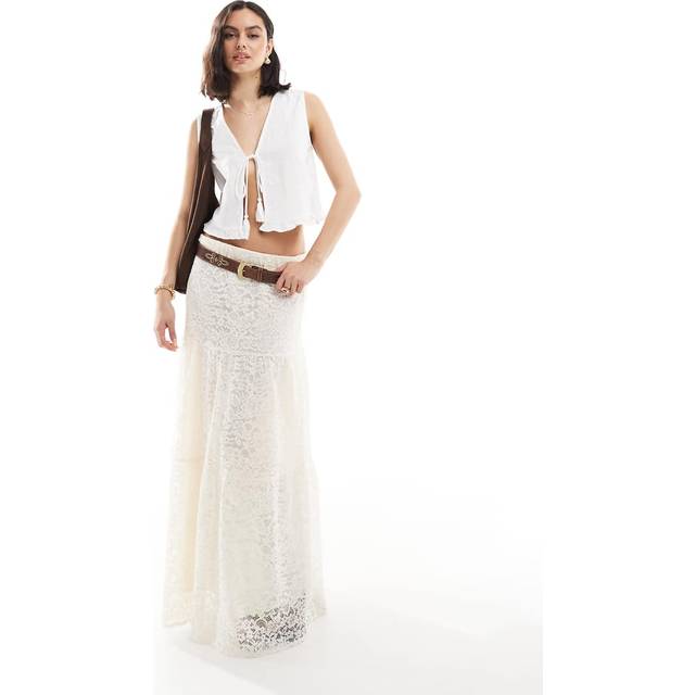 Stradivarius – Naturvit midikjol i spets med boho-stil-Naturlig