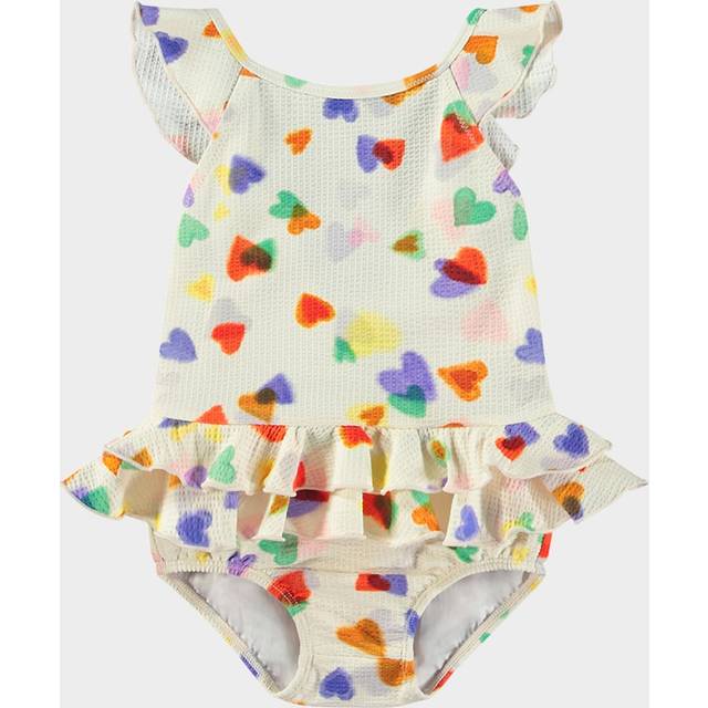 Molo Girls Ivory Heart Print Ruffle Swimsuit (Upf50+) - 9-12 month