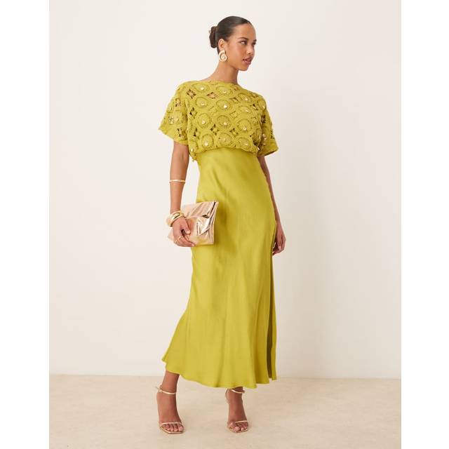 Never Fully Dressed Crochet Knit Satin Skirt Maxi Dress, Olive