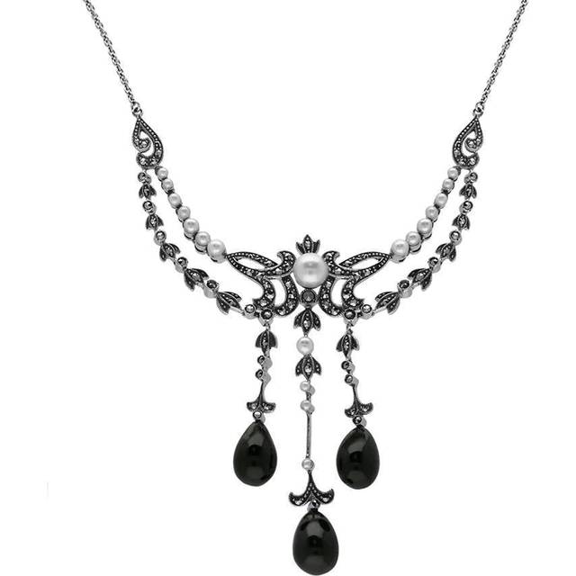 Sterling Silver Whitby Jet Marcasite Pearl Triple Drop Necklace - Silver