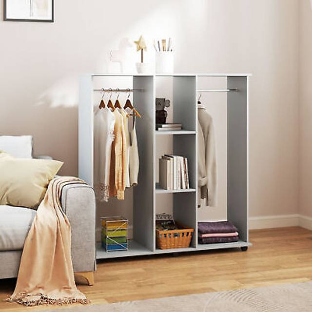 HOMCOM Double Open Wardrobe on Wheels, Bedroom Wardrobe with Clothes Hanging Rails, 3 Storage Shelves, Mobile Garment Rack for Cloakroom, Hallway, Gre