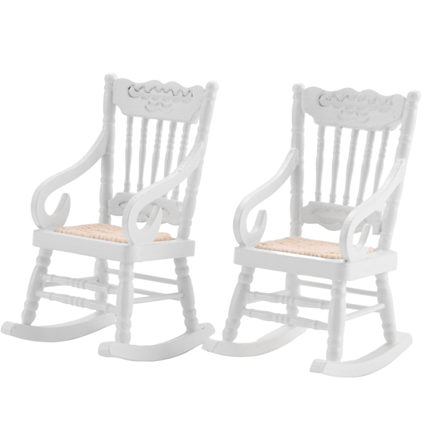 2 Pcs 1:12 Toy Miniature Furniture Wooden Rocking Chairs Accessories for Doll House Decoration,White