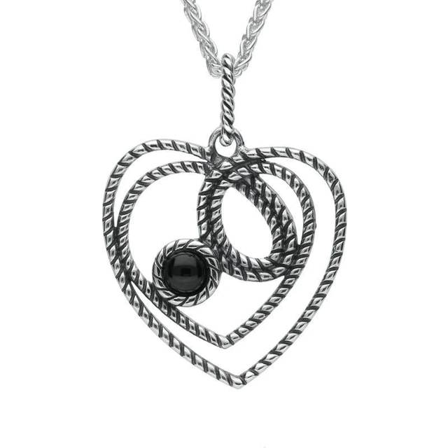 Sterling Silver Whitby Jet Rope Heart Stone Necklace - Silver