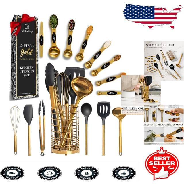 Styled Settings Black and Gold Kitchen Utensils Set - 15-Piece Cooking Set Includes Black Silicone Utensils  Gold Utensil Holder  and Magnetic Measuri