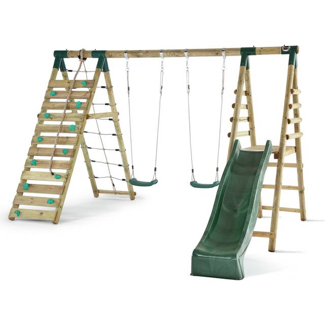Plum Woolly Monkey II Wooden Swing Set - Double Swing, Climbing Wall, Deck & Slide - Green, Brown
