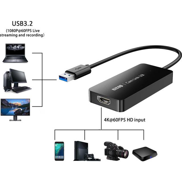 ezcap370 Gam Link U3 Video Capture Box 4K HD IN 1080P HD Recording Box USB3.2 Audio Video Converter svart