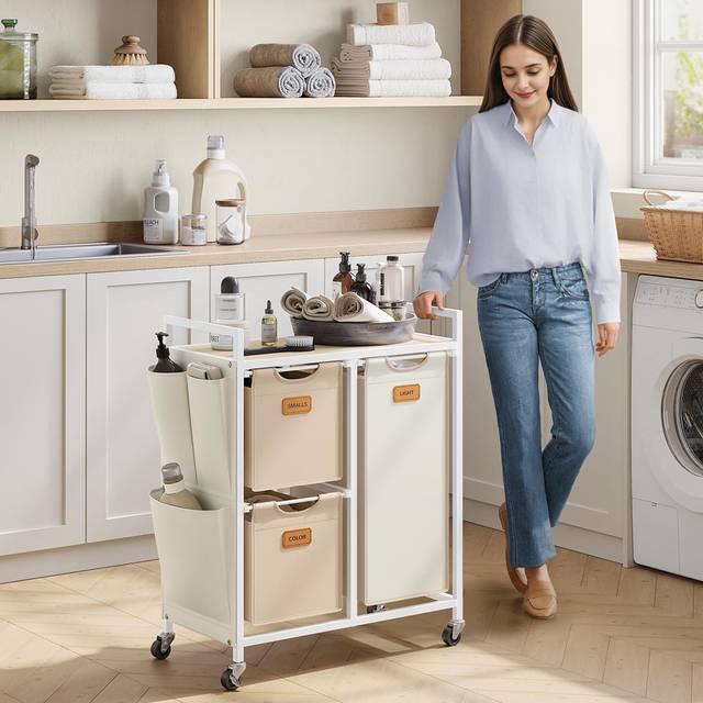 Rolling Laundry Hamper with Handles - Cream White (80.5cm H X 68.6cm W X 13cm D)