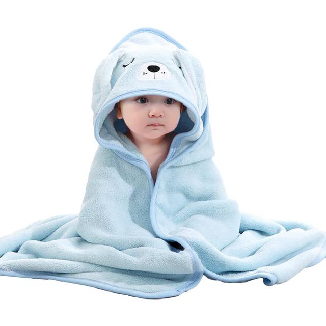Flannel Fleece Animal Hooded Soft Children's Hooded Cloak Cartoon Baby Coral Fleece Kids Bath Towel Light Blue