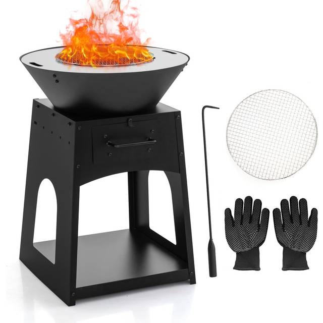 Heavy Duty Fire Pit 60Cm Large Wood Burning Metal Fire Pit Grill - Black (80cm H X 60cm W X 60cm D)