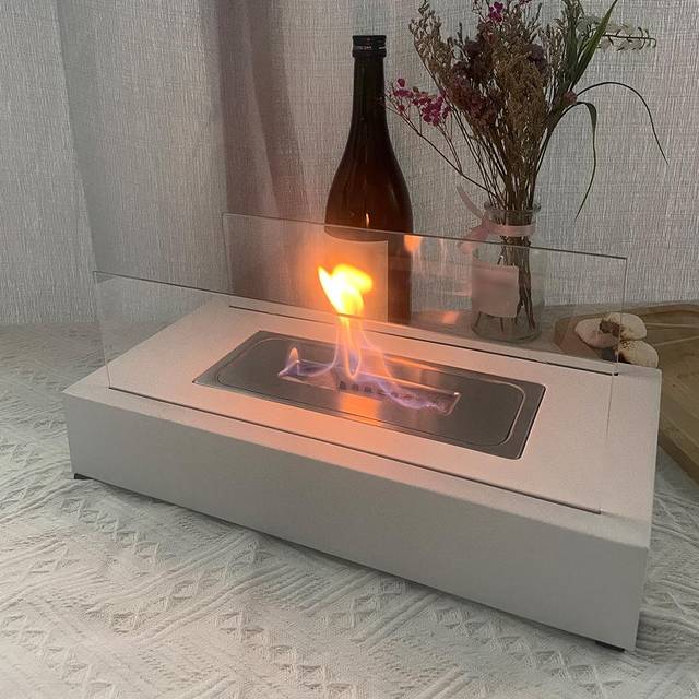 Inomhus bordsskiva Firepit Din bärbara inomhus utomhus eldstad med dansande lågor Modern design och vit