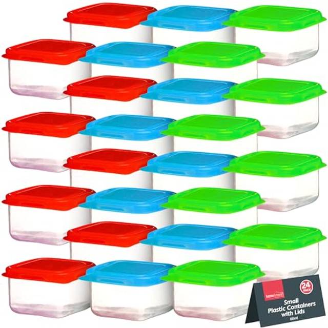 SOL 24 Pack of Small Plastic Containers with Lids - 6cm x 6cm x 3.5cm - Mini Kitchen Storage Small Tub with Lids - 80ml - Stackable & Airtight Storage
