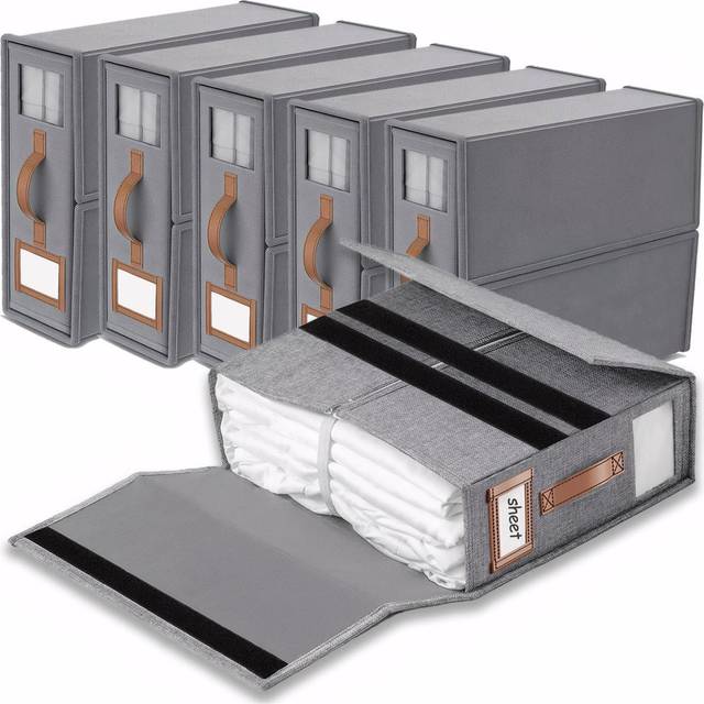 Linen Bedding Storage Organizer - 6-Pack Foldable, Breathable Boxes - Grey